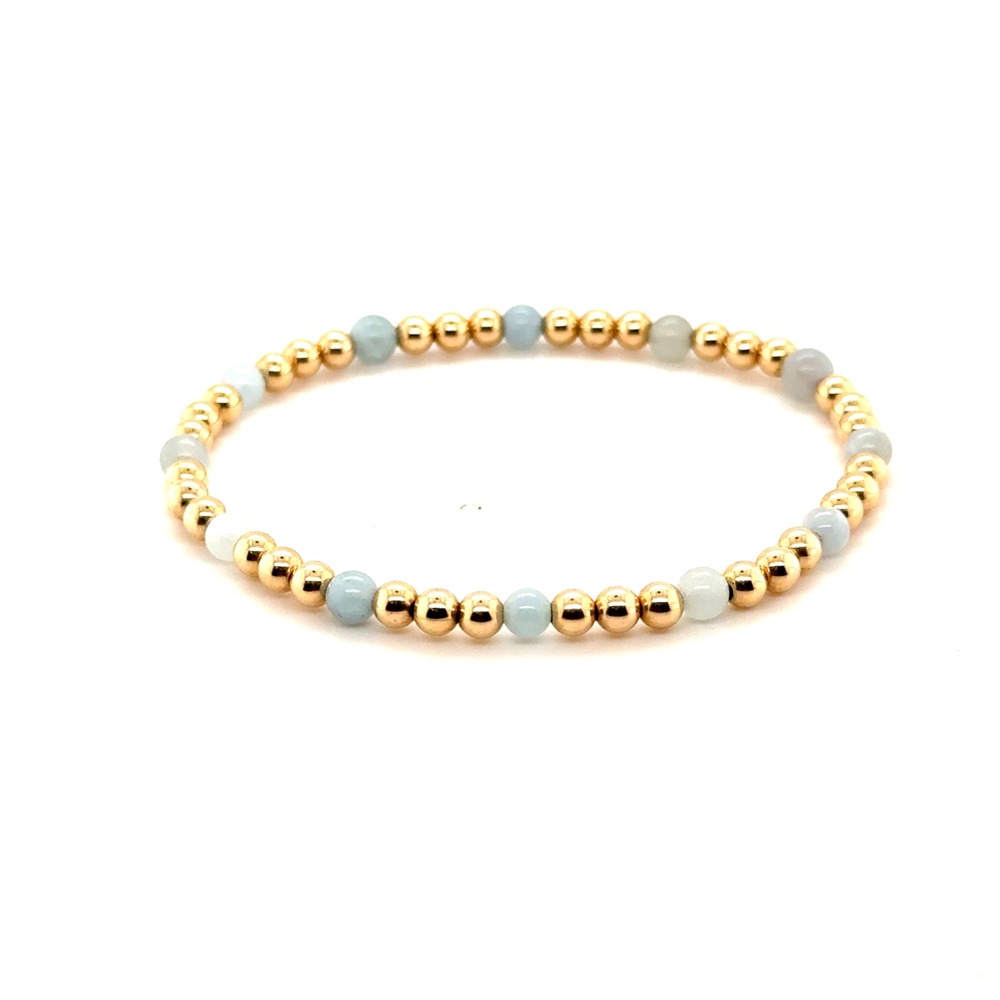 Gold Tone and Blue Gemstone Beaded Stretch Bracelet Minimalist Stackable